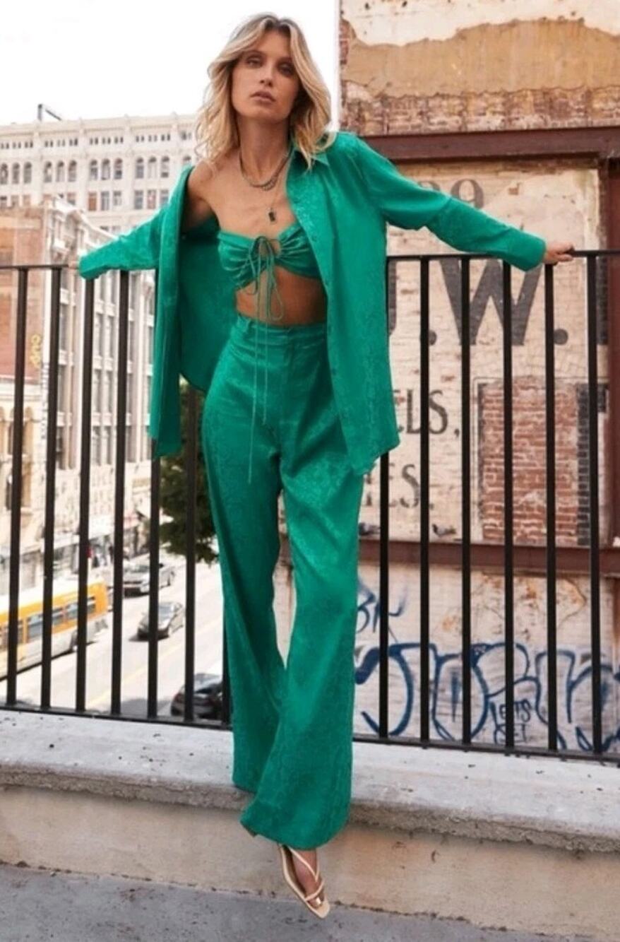 12th Tribe St. Barths Emerald Green Floral Satin Flared Pants Medium